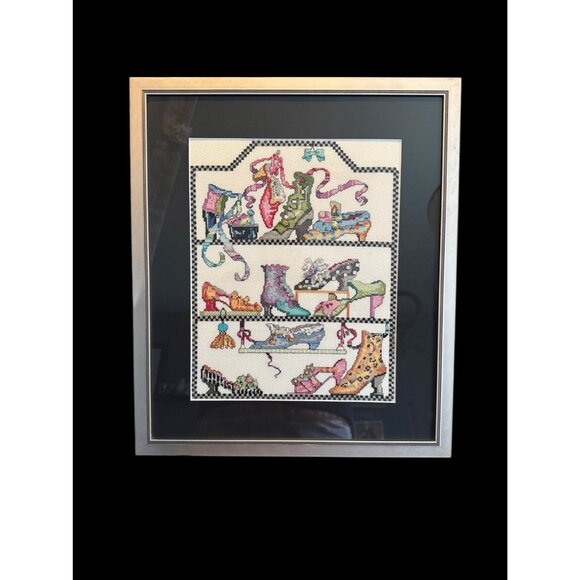 Framed Cross-Stitch Artwork Shoes Design Handmade Bucilla Silver in color frame - Picture 9 of 10